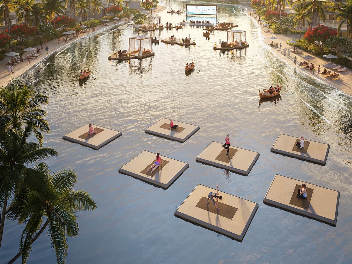DAMAC Islands, floating decks on the lagoon at dusk