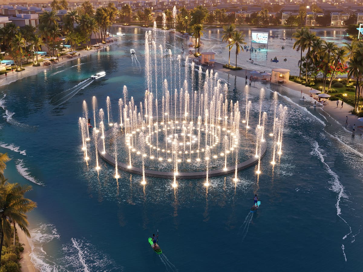 DAMAC Islands, the central hub fountain in the lagoon at dusk, conceptual image