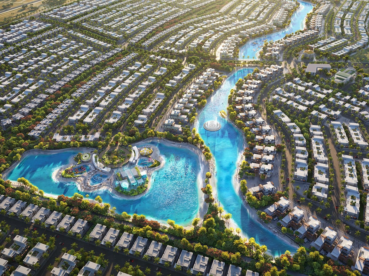 DAMAC Islands from the air, the clusters around the lagoon, conceptual image