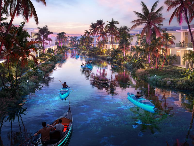 Townhouses along the jungle river at dusk, DAMAC Islands, conceptual image
