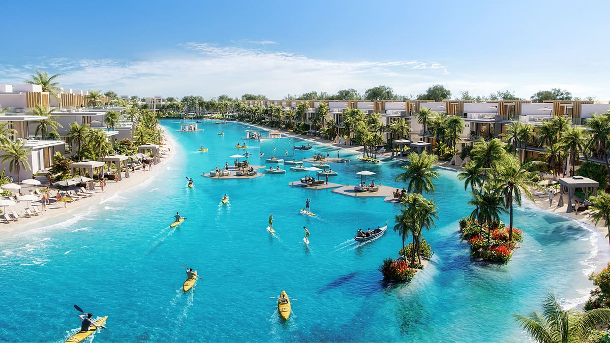 DAMAC Islands, the crystal lagoon with floating decks, kayaks and lagoon front townhouses, Dubailand, Dubai (conceptual image)