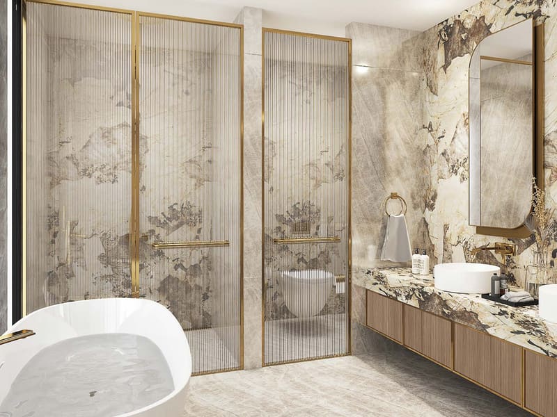 A villa bathroom in marble and gold at DAMAC Islands, conceptual image